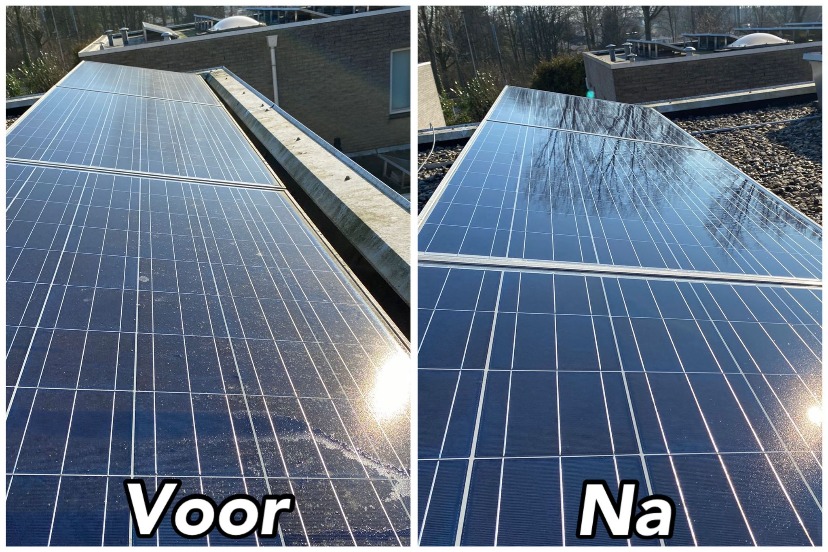 Zonnepanelen voor en na de reiniging, naast elkaar