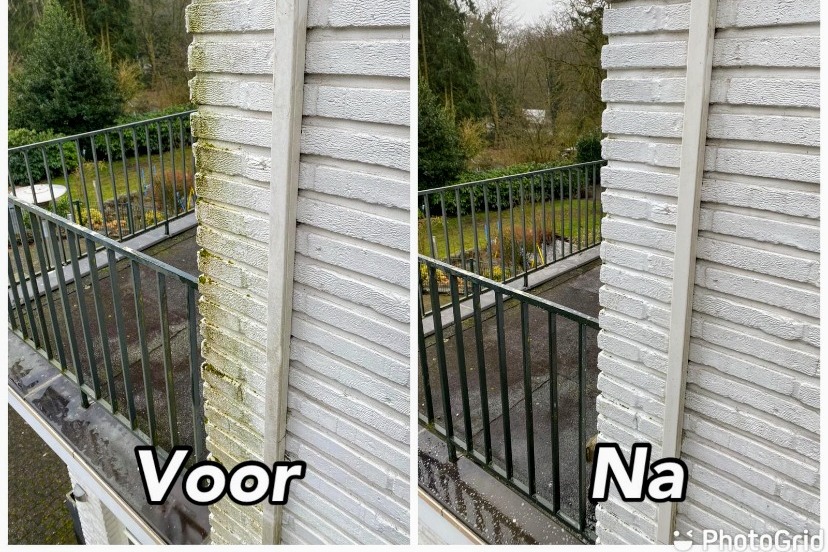 Wit houten gevelwerk met groene aanslag, voor en na de reiniging
